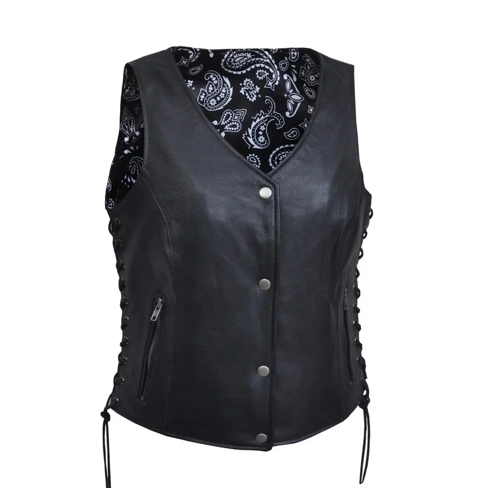 Unik Premium Women Sz M Black Leather Snap Front Vest Side Laces Paisley Liner - Picture 4 of 16